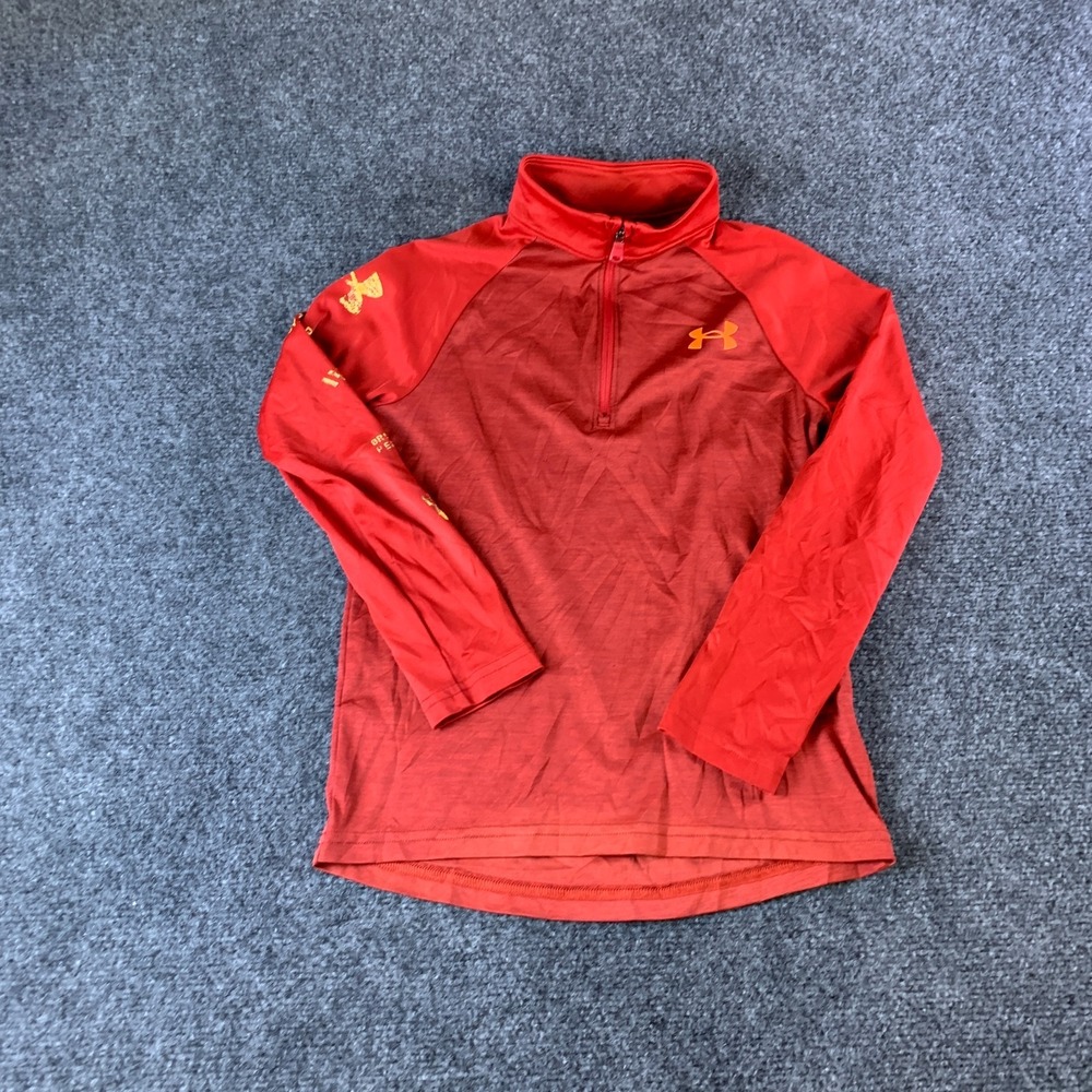 Under Armour Shirt Boys Small Red Logo Raglan Sleeve Loose Fit 1/4 Zip Pullover